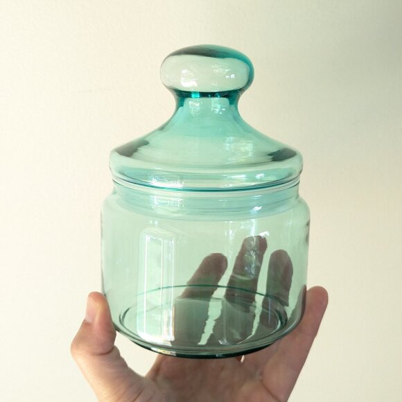 Vintage 2 LUMINARC aqua blue glass storage jars, Coastal FRENCH apothecary jars - Picture 4 of 10